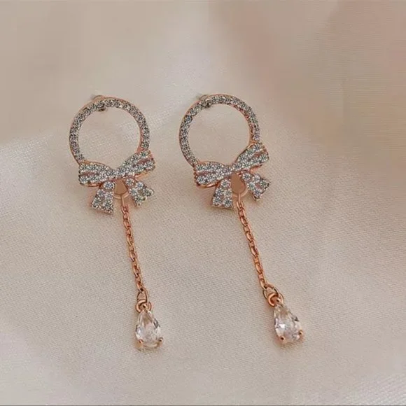 Elegant Bow Water Drop Pendant Stud Earrings - Picture 6 of 7